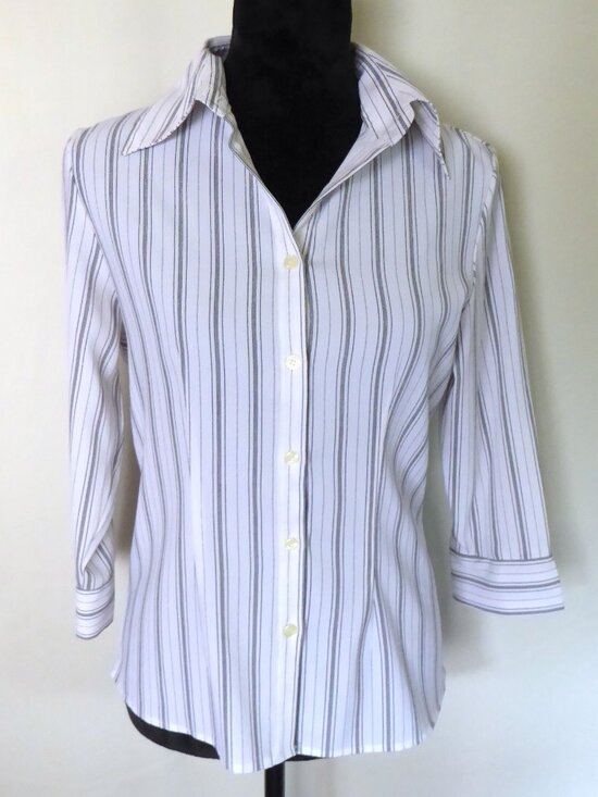 Fred David Tops - WOMENS FRED DAVID BRAND WHITE BLACK STRIPED BUTTON DOWN STRETCH SHIRT SMALL